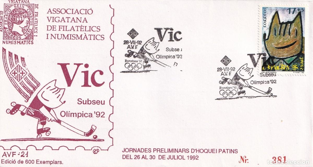 Sellos: Sobre Vic Subseu Ol&iacute;mpica 92 - Cobi Hoquei Patins - Associaci&oacute; vigatana de Filat&egrave;lics i Numism&agrave;tics