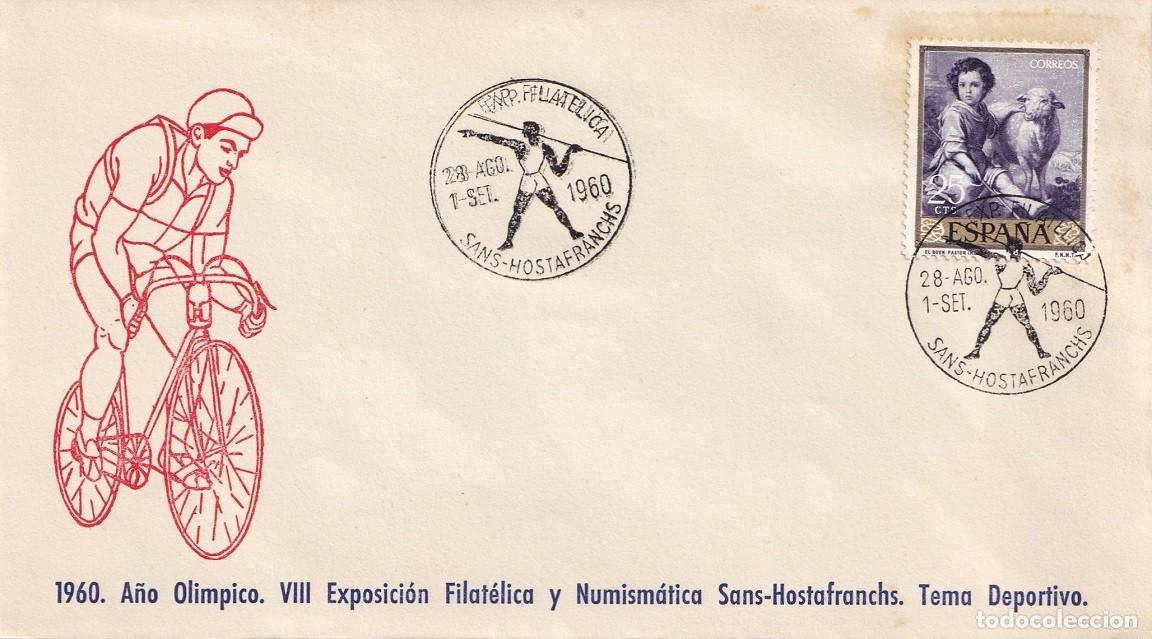 Sellos: Sobre Sans Hostafranchs 1960 A&ntilde;o Ol&iacute;mpico - VIII Exposici&oacute;n Filat&eacute;lica y Numism&aacute;tica Tema deportivo