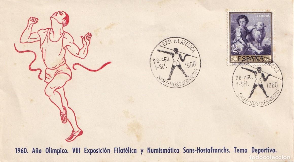 Sellos: Sobre Sans Hostafranchs 1960 A&ntilde;o Ol&iacute;mpico - VIII Exposici&oacute;n Filat&eacute;lica y Numism&aacute;tica Tema deportivo