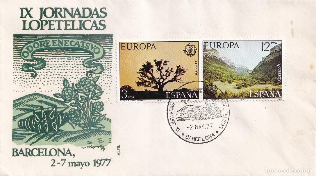 Stamps: Sobre en Alfil Barcelona 1977 - IX Jornadas lopetelicas Europa CEPT Parque nacional Do&ntilde;ana y Ordesa