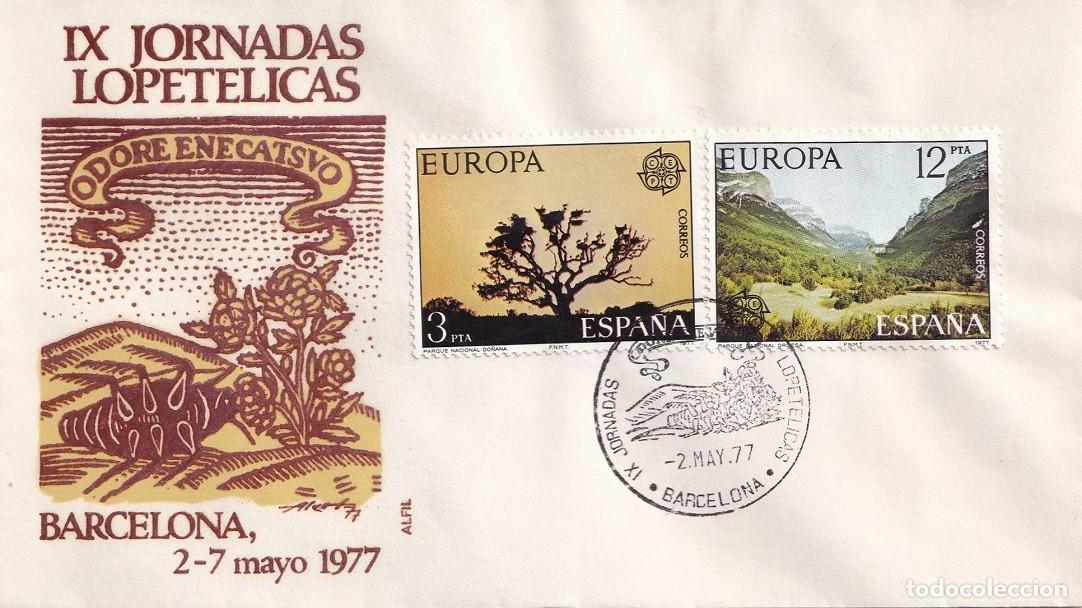 Stamps: Sobre en Alfil Barcelona 1977 - IX Jornadas lopetelicas Europa CEPT Parque nacional Do&ntilde;ana y Ordesa