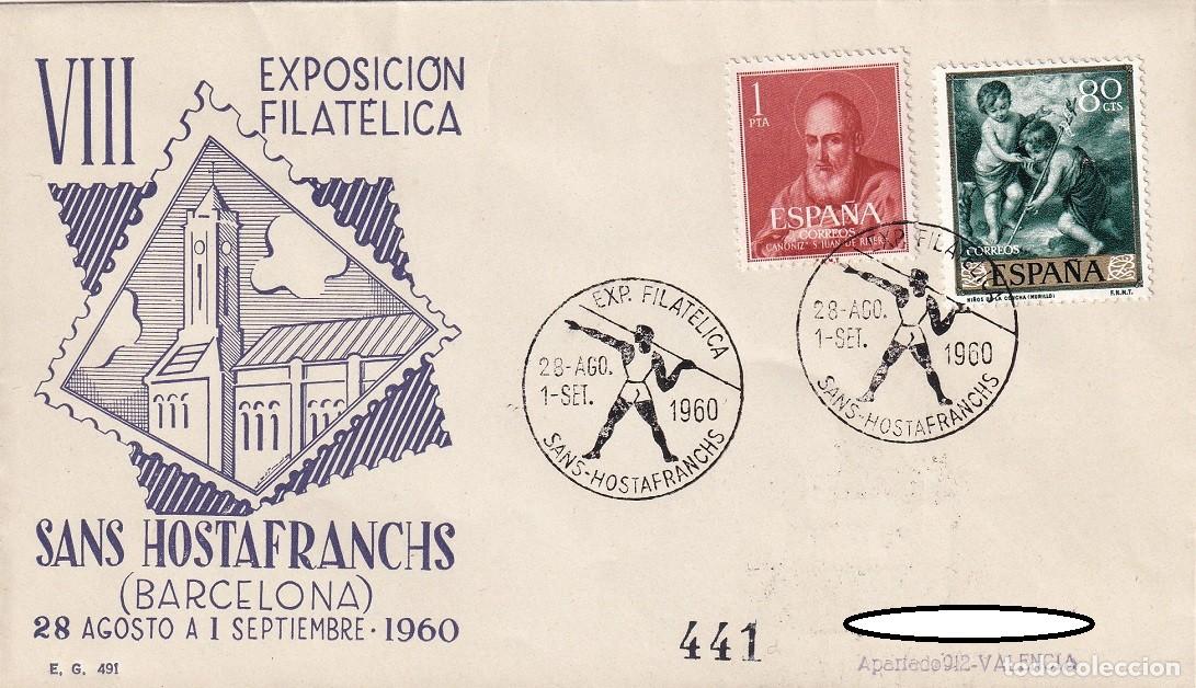 Sellos: Sobre Sans Hostafranchs (Barcelona) 1960 - VIII Exposici&oacute;n filat&eacute;lica - Matasellos especiales