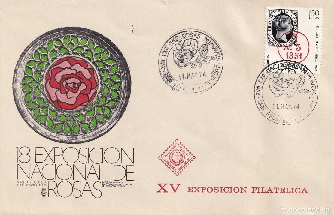 Sellos: Sobre San Feliu de Llobregat 1974 - XVIII Exposici&oacute;n Nacional de Rosas - XV Exposici&oacute;n Filat&eacute;lica