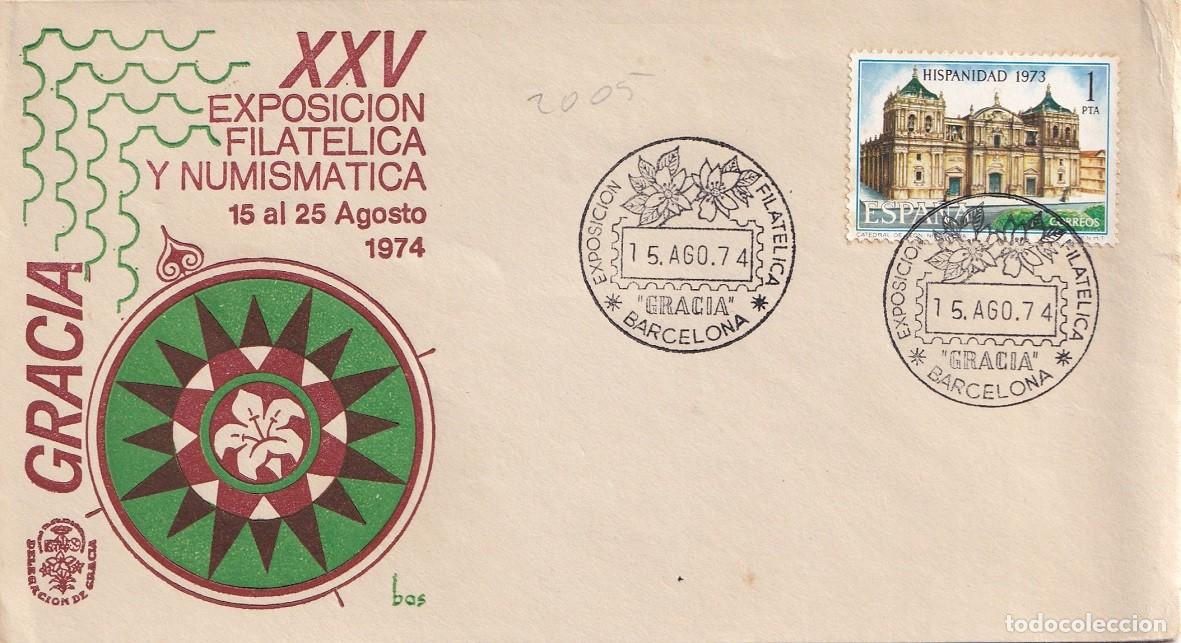 Sellos: Sobre Barcelona 1974 Gracia - XXV Exposici&oacute;n filat&eacute;lica y numism&aacute;tica - Matasellos especiales