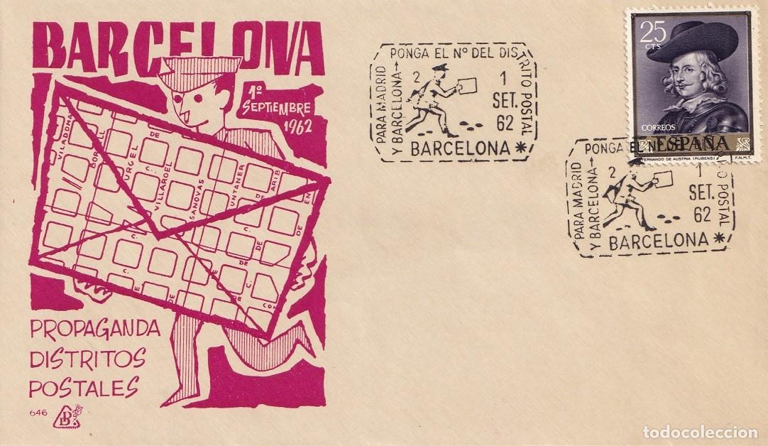 Sellos: Sobre Barcelona 1962 - Propaganda distritos postales - Para Madrid y Barcelona ponga el n&ordm; del dis.