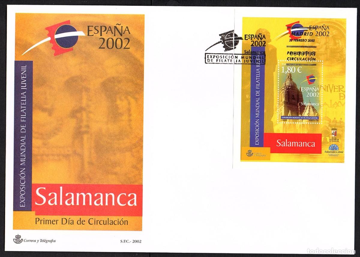 Sellos: SOBRE PRIMER DIA EXPOSICION MUNDIAL FILATELIA JUVENIL ESPA&Ntilde;A 2.002 SALAMANCA. CON MATASELLOS CONMEMO