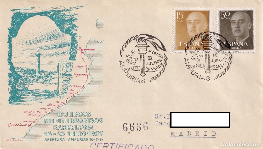 Sellos: Sobre Barcelona 1955 - II Juegos Mediterr&aacute;neos Barcelona - Apertura: Ampurias 16-7-1955 - Matasellos