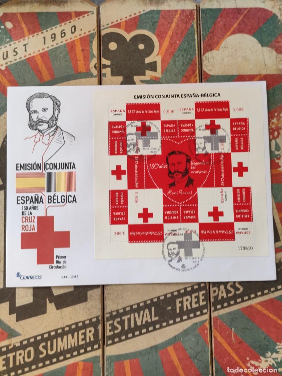 Sellos: 3 Emisi&oacute;n conjunta Espa&ntilde;a -Belgica 150 a&ntilde;os Cruz Roja 28 Octubre 2013 Sobre primer d&iacute;a Edilfil 4828