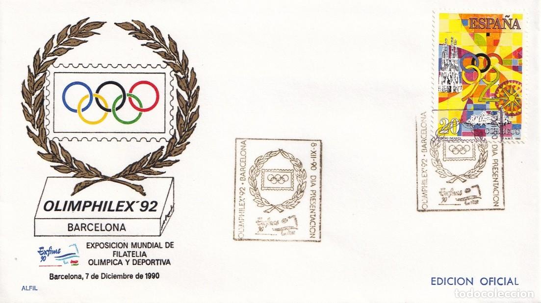 Sellos: Sobre Barcelona 1990 - Olimphilex 92 Exfime 90 Exposici&oacute;n mundial de filatelia ol&iacute;mpica y deportiva