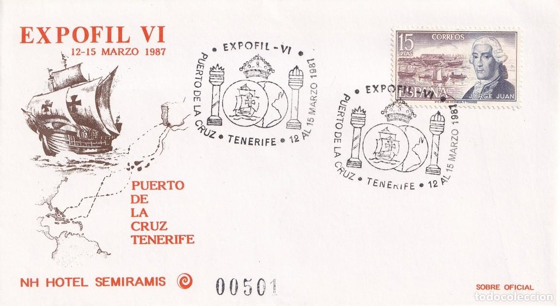 Sellos: Sobre oficial Puerto de la Cruz Tenerife 1987 - Expofil VI NH Hotel Semiramis - Matasellos especial