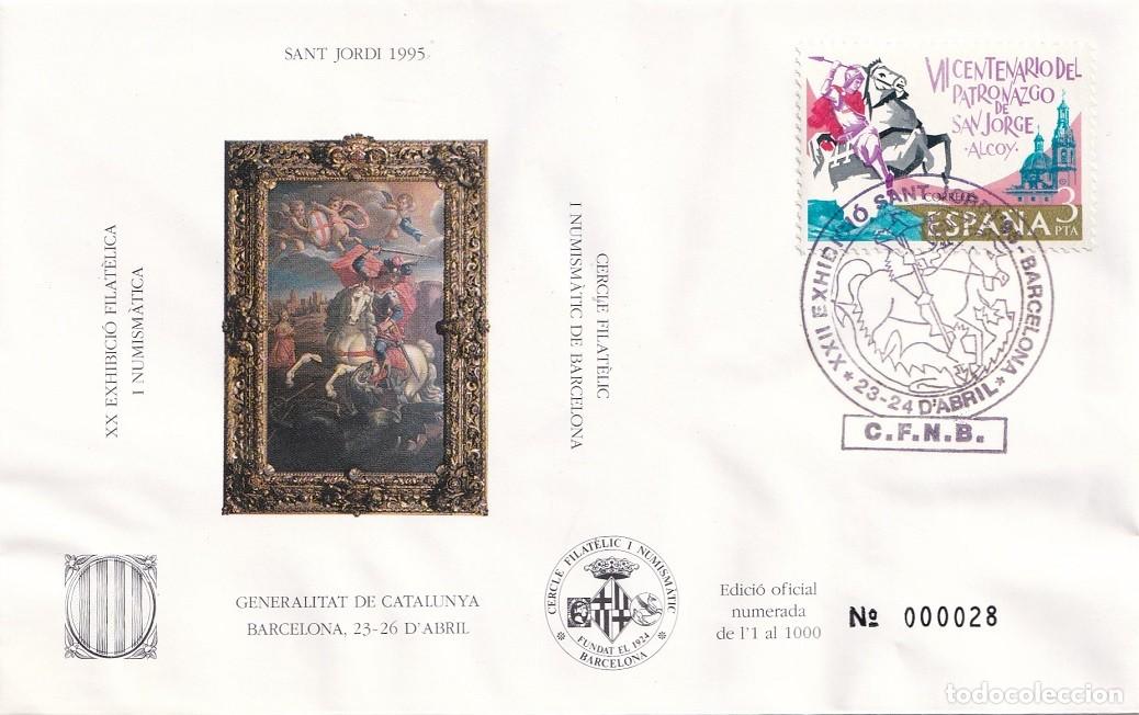 Sellos: Sobre Barcelona 1995 - Sant Jordi - XX Exhibici&oacute; Filat&egrave;lica i Numism&agrave;tica - N&ordm; 000028 de 1000