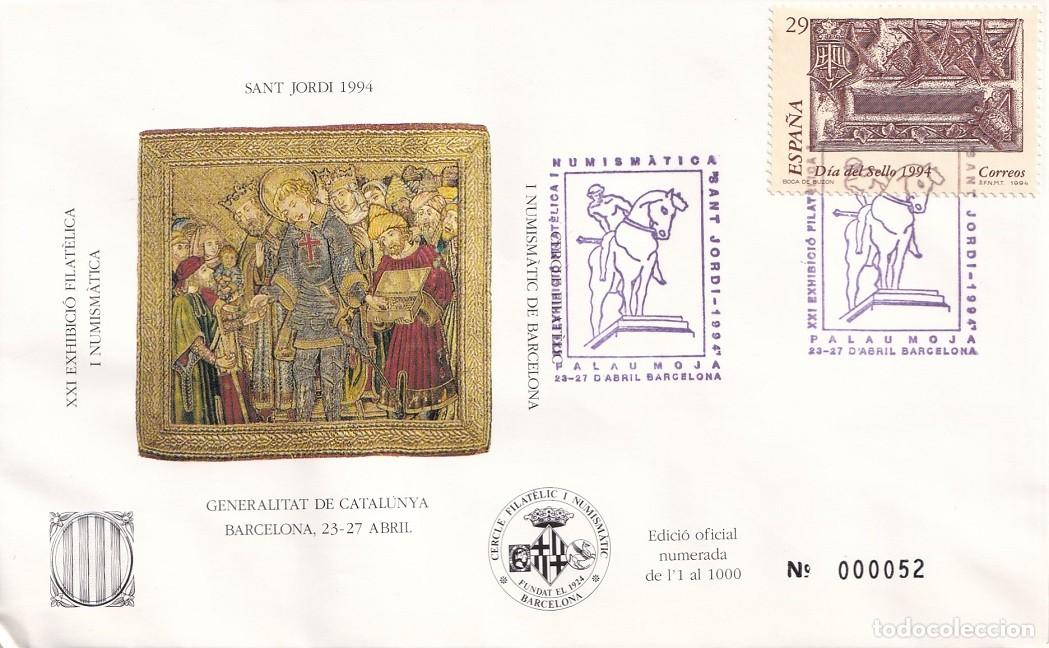 Sellos: Sobre Barcelona 1994 - Sant Jordi - XXI Exhibici&oacute; Filat&egrave;lica i Numism&agrave;tica - N&ordm; 000052 de 1000