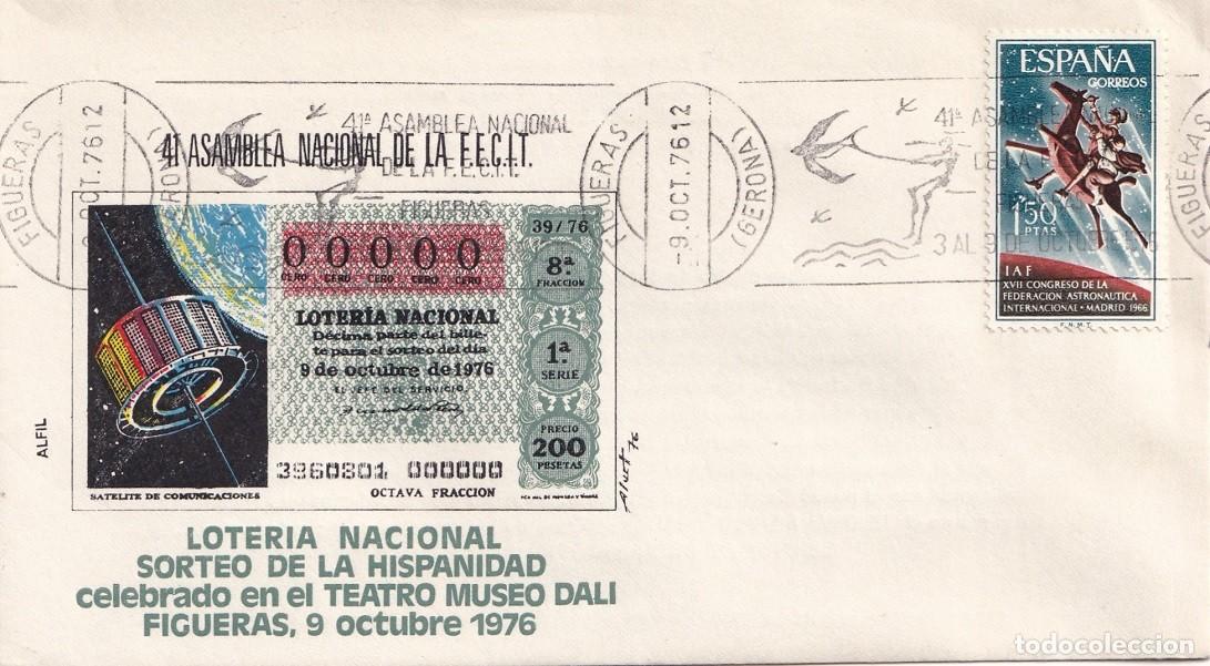 Sellos: Sobre en Alfil Figueras 1976 - Loter&iacute;a Nacional sorteo de la Hispanidad Teatro Museo Dal&iacute; - Rodillo
