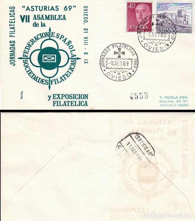 Sellos: A&Ntilde;O 1969, OVIEDO (ASTURIAS), federacion espa&ntilde;ola de sociedades filatelicas, SOBRE DE ALFIL CIRCULADO