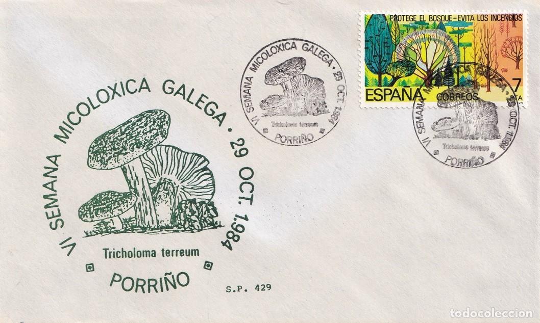 Sellos: Sobre Porri&ntilde;o 1984 - VI Semana Micoloxica galega - Tricholoma terreum - Matasellos especiales