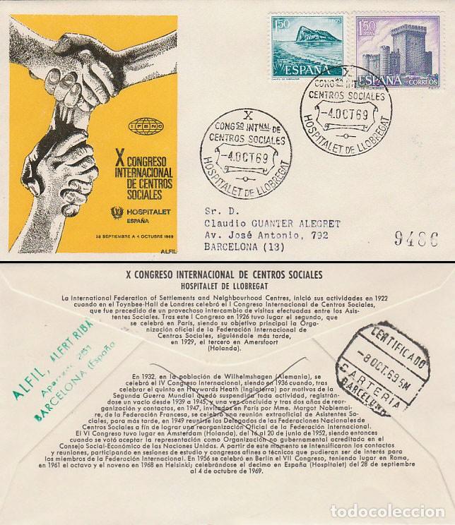 Sellos: A&Ntilde;O 1969, HOSPITALET DE LLOBREGAT, CONGRESO DE CENTROS SOCIALES, SOBRE DE ALFIL CIRCULADO