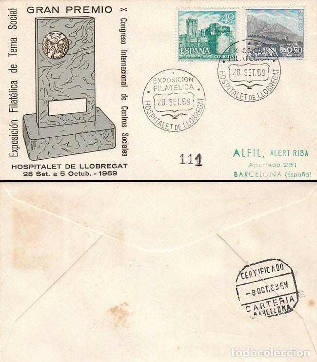 Sellos: A&Ntilde;O 1969, HOSPITALET DE LLOBREGAT, GRAN PREMIO,CONGRESO DE CENTROS SOCIALES, SOBRE OFICIAL CIRCULADO