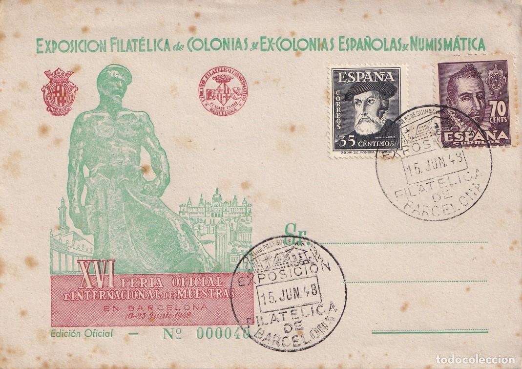 Sellos: Sobre Barcelona 1948 - XVI Feria Ofic e Inter. Muestras - Exp Filca colonias y excolonias espa&ntilde;olas