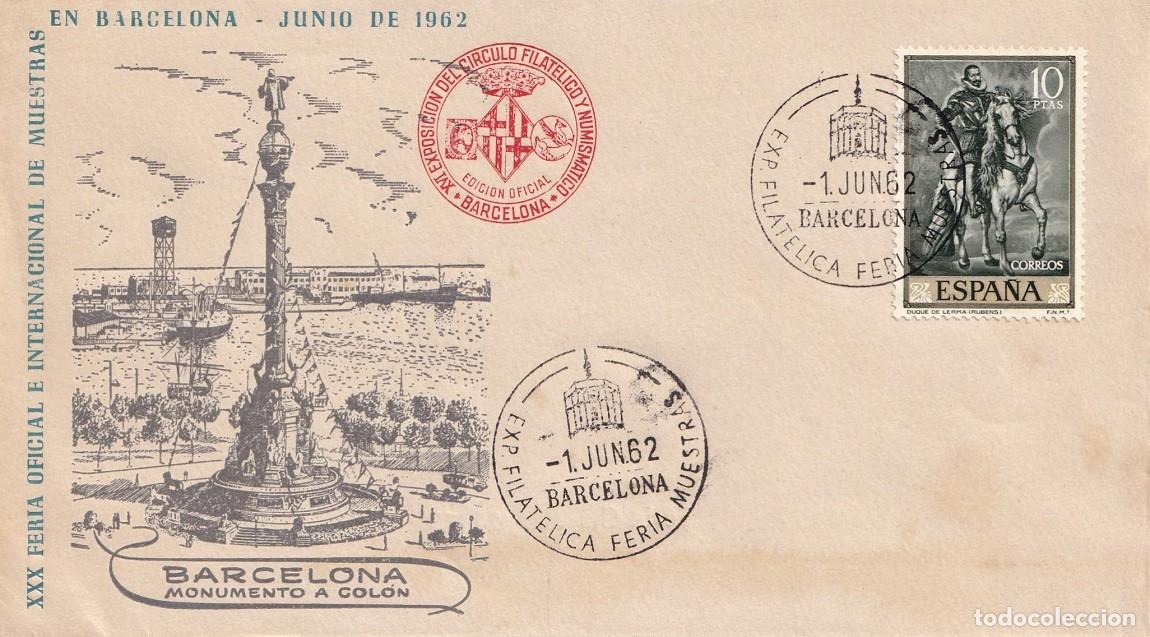 Sellos: Sobre Barcelona 1962 - XXX Feria Oficial e Internacional de Muestras en Barcelona Monumento Col&oacute;n