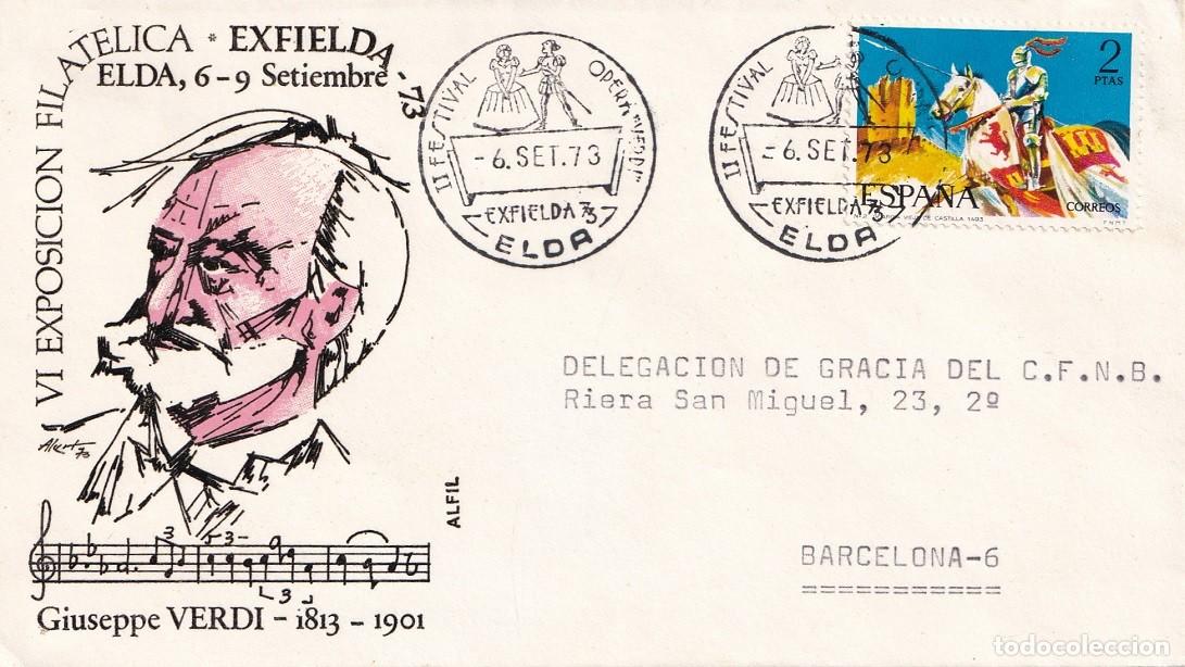 Sellos: Sobre en Alfil Elda 1973 - Giuseppe Verdi - VI Exposici&oacute;n Filat&eacute;lica Exfielda - Caja Ahorros Sureste