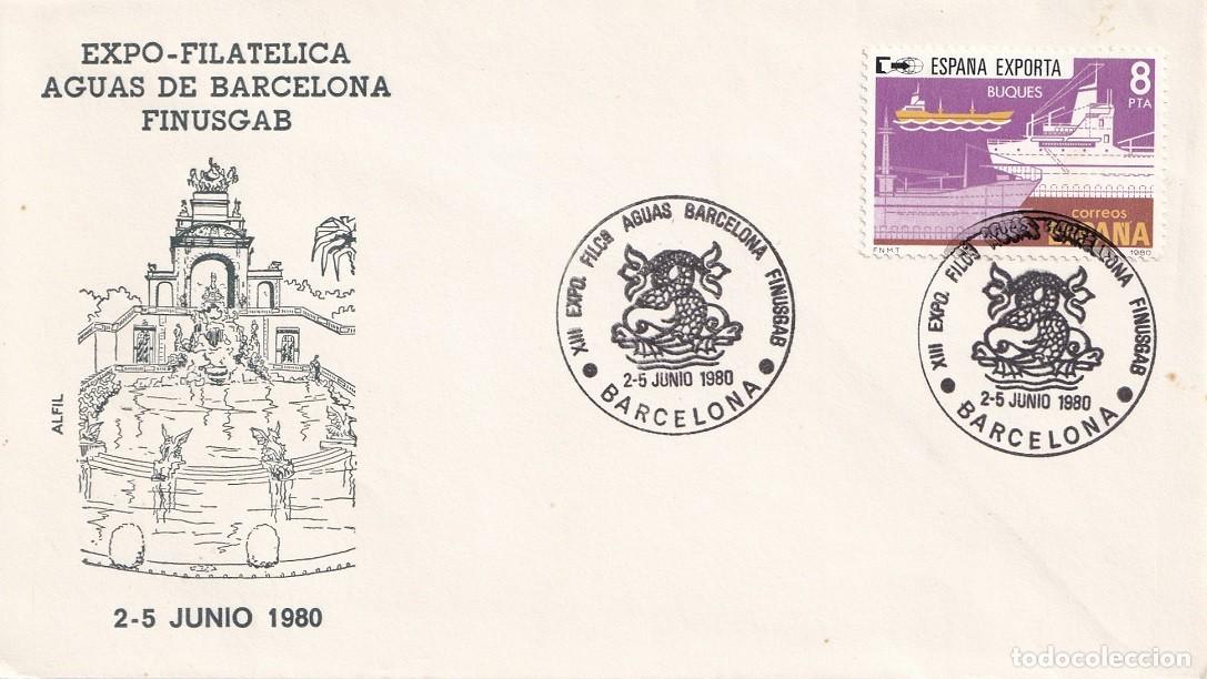 Sellos: Sobre en Alfil Barcelona 1980 - Finusgab 80 - XIII Exposici&oacute; Filat&egrave;lica-Numism&agrave;tica - Aig&uuml;es Barcel.