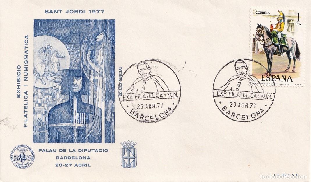Sellos: Sobre Barcelona 1977 - San Jorge 1977 Sant Jordi - Exhibici&oacute;n filat&eacute;lica y numism&aacute;tica - Matasellos