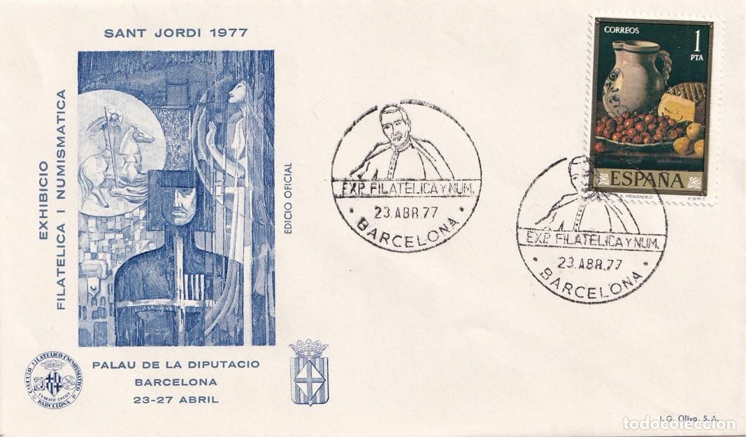 Sellos: Sobre Barcelona 1977 - San Jorge 1977 Sant Jordi - Exhibici&oacute;n filat&eacute;lica y numism&aacute;tica - Matasellos