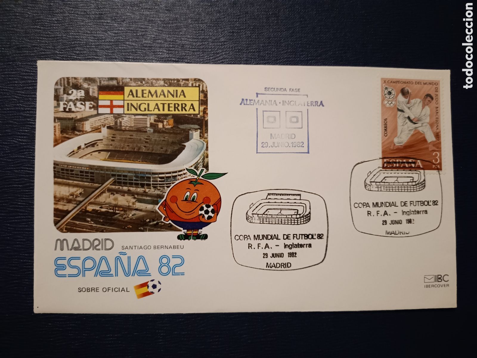 Sellos: SOBRE PRIMER D&Iacute;A - MUNDIAL F&Uacute;TBOL ESPA&Ntilde;A 82 - ALEMANIA INGLATERRA - ESTADIO BERNABEU