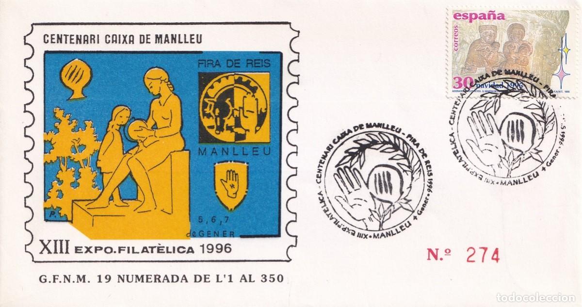 Sellos: Sobre Manlleu 1986 - Centenari Caixa de Manlleu - Fira de Reis - XIII Exposici&oacute; Filat&egrave;lica - 274/350