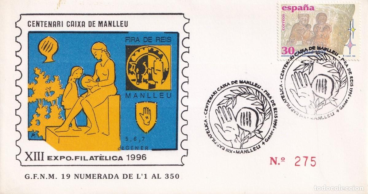 Sellos: Sobre Manlleu 1986 - Centenari Caixa de Manlleu - Fira de Reis - XIII Exposici&oacute; Filat&egrave;lica - 275/350