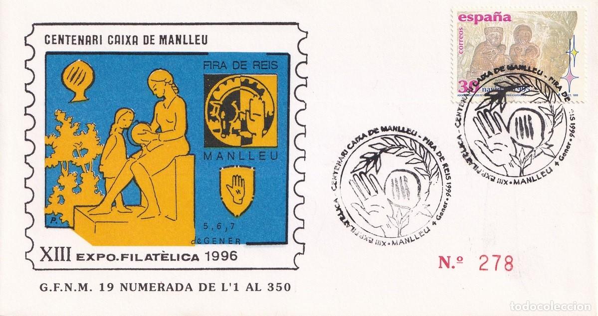 Sellos: Sobre Manlleu 1986 - Centenari Caixa de Manlleu - Fira de Reis - XIII Exposici&oacute; Filat&egrave;lica - 275/350