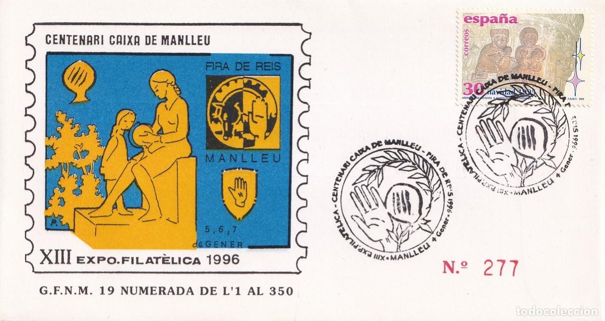 Sellos: Sobre Manlleu 1986 - Centenari Caixa de Manlleu - Fira de Reis - XIII Exposici&oacute; Filat&egrave;lica - 275/350