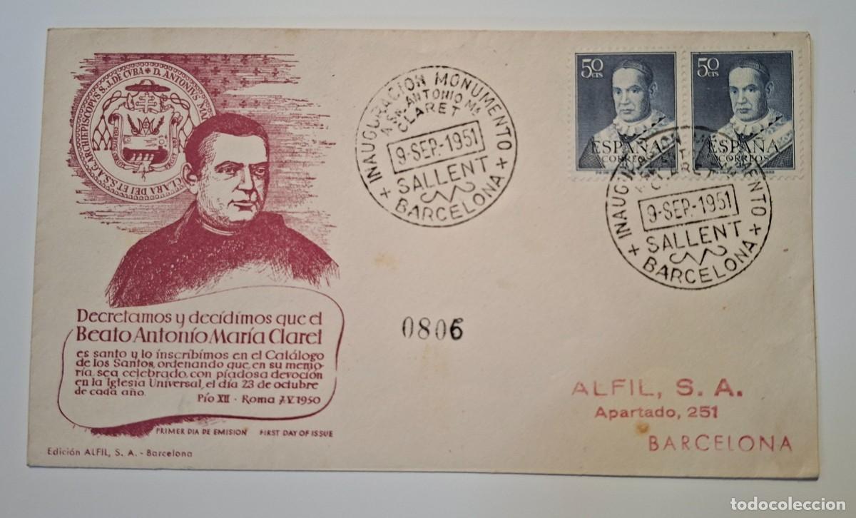 Sellos: EDIFIL 1102 - MATASELLOS INAU. MONUMENTO ANTONIO MARIA CLARET BARCELONA 1951, EN SOBRE ALFIL ..A3833