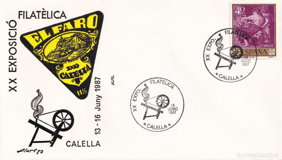 Sellos: Sobre en Alfil Calella 1987 - XX Exposici&oacute; filat&egrave;lica - El Faro de Calella - Matasellos especiales