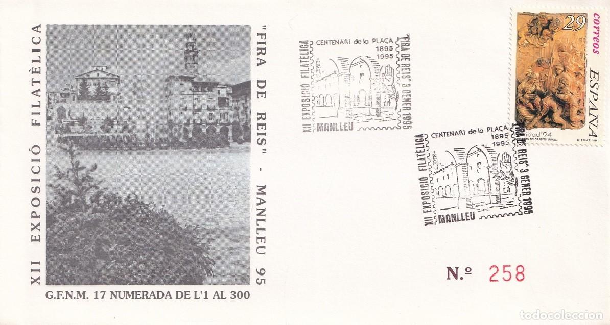 Sellos: Sobre Manlleu 1995 - Fira de Reis - XII Exposici&oacute; Filat&egrave;lica - Centenari de la Pla&ccedil;a - N&ordm; 258 de 300