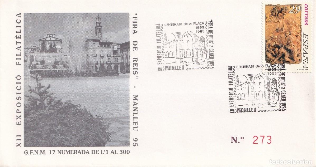 Sellos: Sobre Manlleu 1995 - Fira de Reis - XII Exposici&oacute; Filat&egrave;lica - Centenari de la Pla&ccedil;a - N&ordm; 273 de 300
