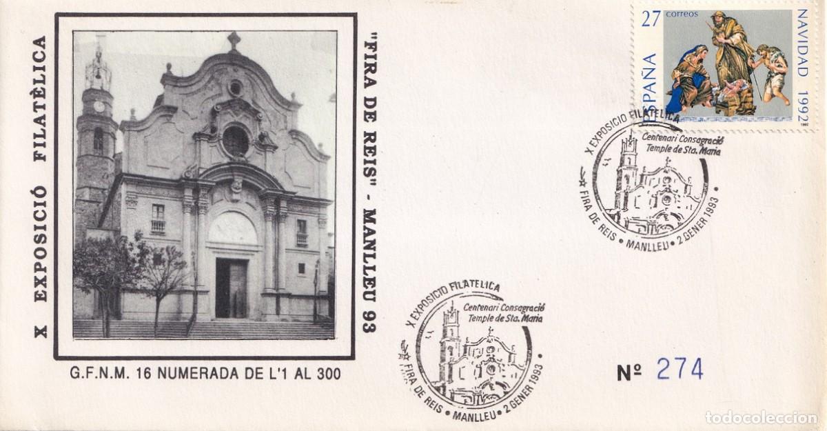 Sellos: Sobre Manlleu 1993 - Fira de Reis - X Exposici&oacute; Filat&egrave;lica - Temple de Santa Maria - N&ordm; 274 de 300