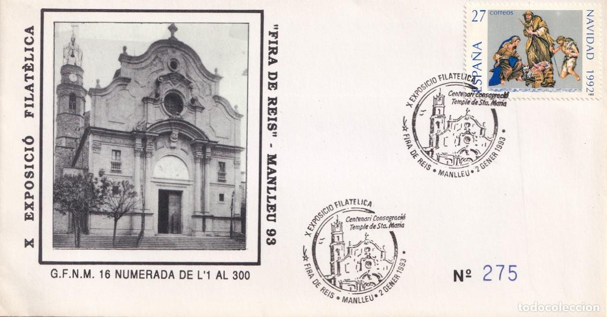Sellos: Sobre Manlleu 1993 - Fira de Reis - X Exposici&oacute; Filat&egrave;lica - Temple de Santa Maria - N&ordm; 275 de 300