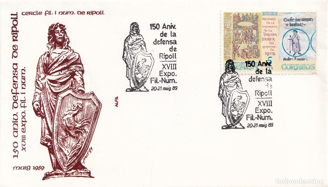 Sellos: Sobre Alfil Ripoll 1989 - 150 Aniversari de la defensa de Ripoll - XVIII Exposici&oacute; filat&egrave;lica i num