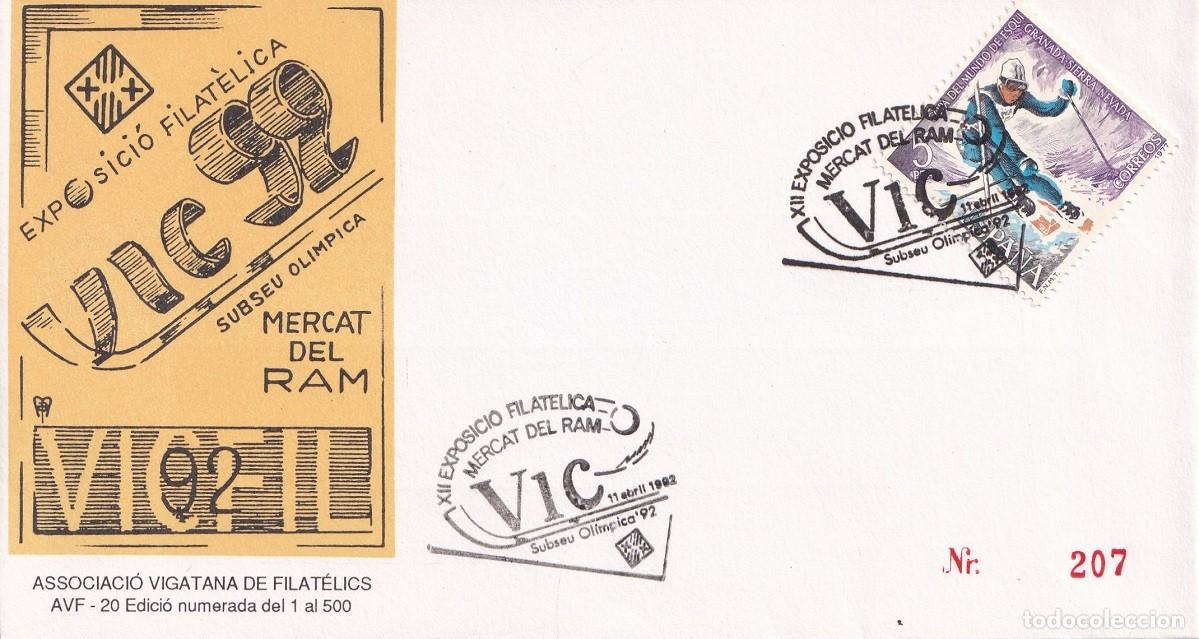 Sellos: Sobre Vic 1992 - XII Exposici&oacute; filat&egrave;lica Mercat del Ram - Vic 92 Subseu Ol&iacute;mpica - Associaci&oacute;n