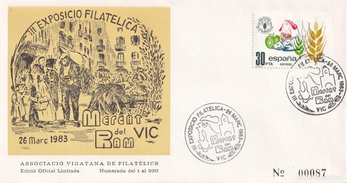 Sellos: Sobre Vic 1983 - III Exposici&oacute; Filat&egrave;lica Mercat del Ram - Associaci&oacute; Vigatana de Filat&egrave;lics