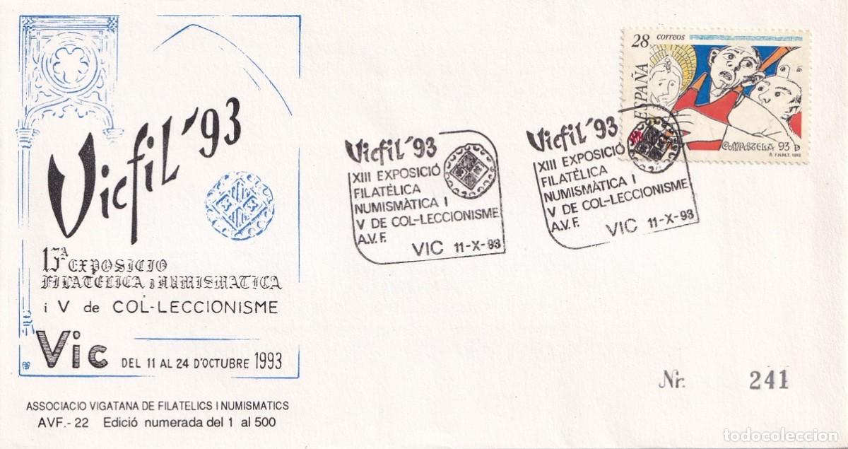 Sellos: Sobre Vic 1993 - XIII Exposici&oacute; Filat&egrave;lica i Numism&agrave;tica i V de col&middot;leccionisme - Associaci&oacute; vig.
