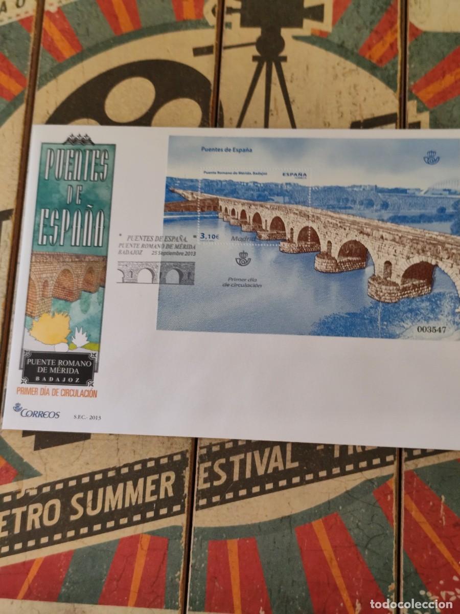 Sellos: 124 Puentes de Espa&ntilde;a Puente Romano de M&eacute;rida Badajoz 25/9/13 Sobre primer d&iacute;a