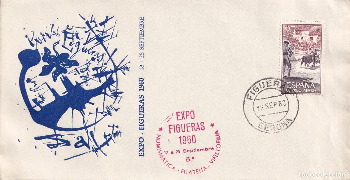 Sellos: Sobre Figueras 1960 - Expo Figueras - Numism&aacute;tica &middot; Filatelia &middot; Vi&ntilde;etofilia - Matasellos especial