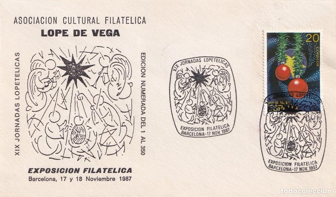 Sellos: Sobre Barcelona 1987 - XIX Jornadas Lopetelicas - Asociaci&oacute;n Lope de Vega - Edic. num. del 1 al 350