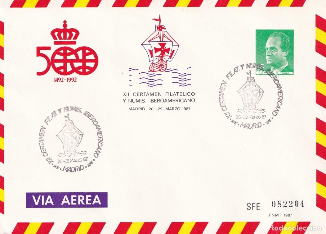 Briefmarken: Sobre entero postal Madrid 1987 - Via a&eacute;rea - 500 Aniversario 1492-1992 - XII Certamen filat&eacute;lico y