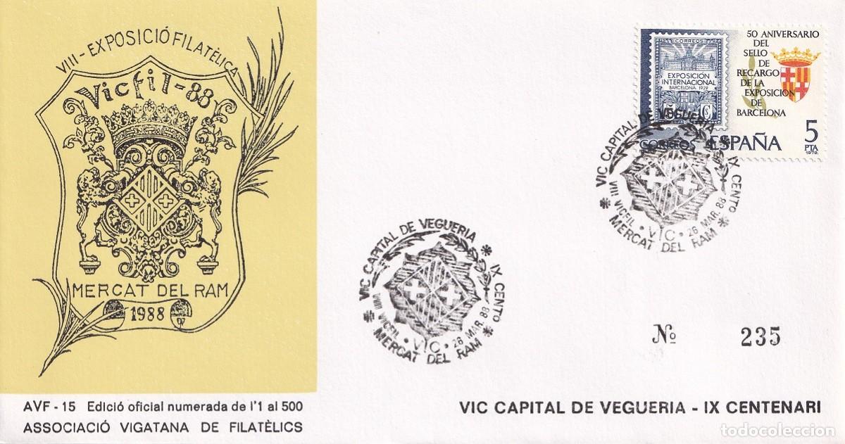 Sellos: Sobre Vic 1988 Vicfil 88 - Vic Capital de Vegueria IX Centenari Exposici&oacute; filat&egrave;lica Mercat del Ram