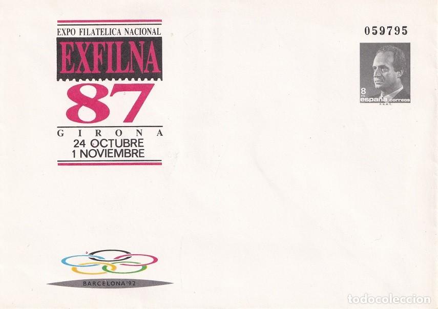 Sellos: Sobre entero postal Girona 1987 - Exfilna 87 Expo Filat&eacute;lica Nacional - Barcelona 92 - Banyoles