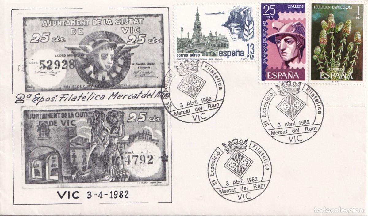 Sellos: Sobre Vic 1982 Vicfil 82 - II&ordf; Exposici&oacute; Filat&egrave;lica Mercat del Ram Associaci&oacute; Vigatana - Muy escaso