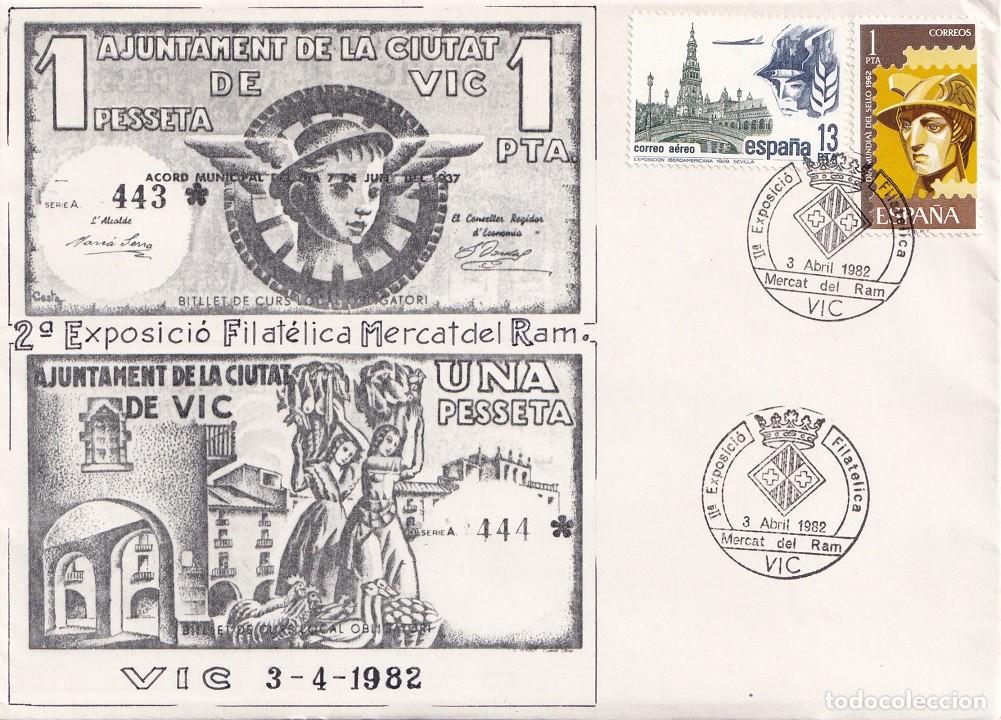 Sellos: Sobre Vic 1982 Vicfil 82 - II&ordf; Exposici&oacute; Filat&egrave;lica Mercat del Ram Associaci&oacute; Vigatana - Muy escaso